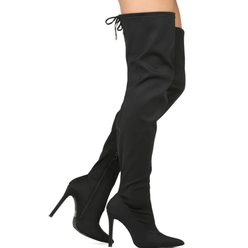 🖤 Statement Style Pointed Toe Thigh-High Silhouette Black SU Stiletto Boots